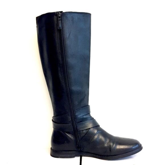 COLE HAAN Black Flat Leather Riding Boots With Ankle Strap 7 - Picture 3 of 9